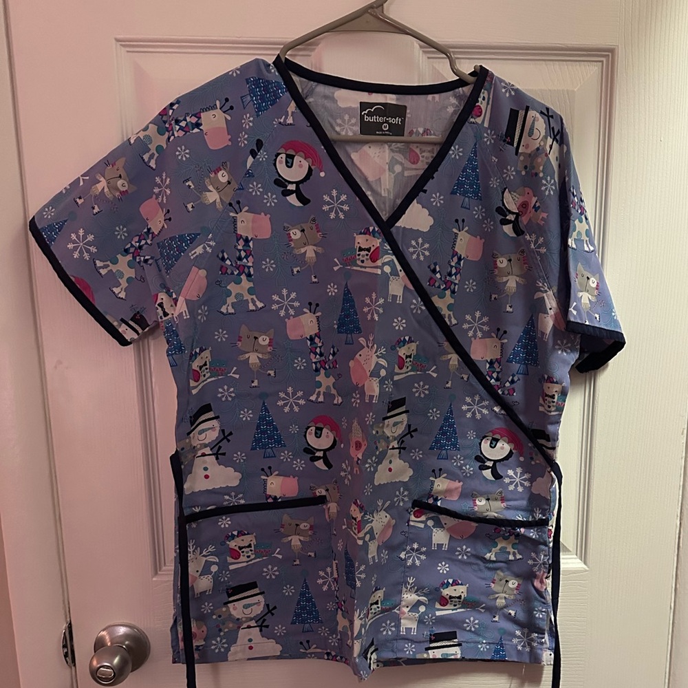Blue Winter Theme Scrub Top, M, Brand Buttersoft